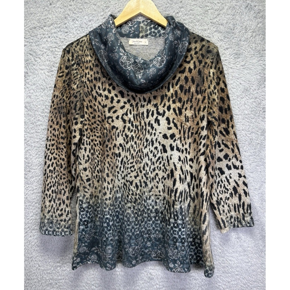 Jess and Jane‎ Womens Top Small Cowl Neck Animal Print Jaguar Teal Art Lagenlook